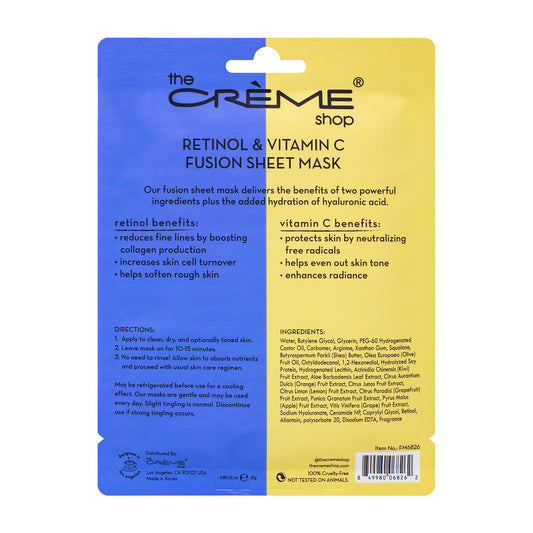 The Crème Shop Retinol and Vitamin C Fusion Sheet Mask pack-shot emphasizing anti-aging and radiance.