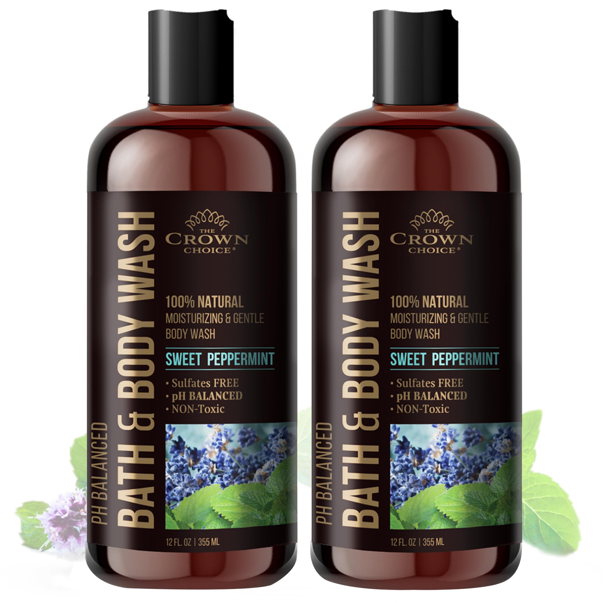 The Crown Choice natural body wash bottle with peppermint and lavender for all skin types.