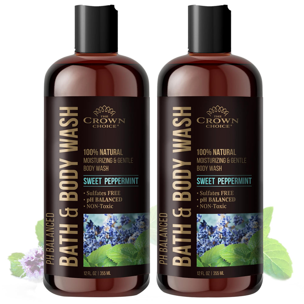The Crown Choice natural body wash bottle with peppermint and lavender for all skin types.
