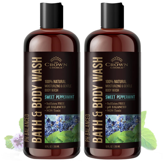 The Crown Choice natural body wash bottle with peppermint and lavender for all skin types.