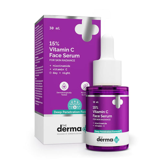 The Derma Co 15% Vitamin C serum bottle promotes radiant, even skin