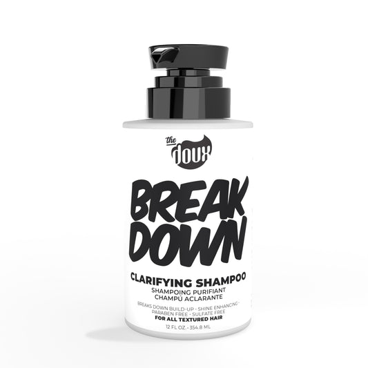 The Doux BREAKDOWN bottle pour shows a detox cleanse for curls.