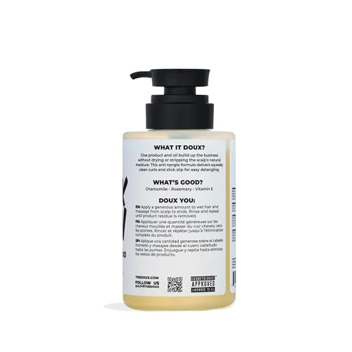 The Doux BREAKDOWN textured curls pre-cleanse show buildup removal.