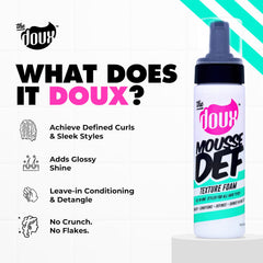 The Doux Mousse natural-textured-hair-volume enhances lift while reducing frizz.