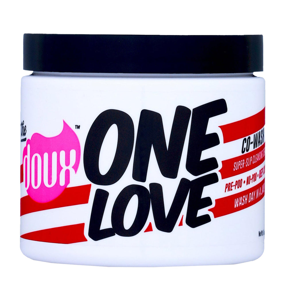The Doux One Love Co-Wash bottle pour shows easy curl cleansing.