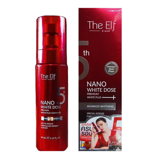 The Elf Nano White Dose bottle close-up illustrating premium serum packaging for brightening care.