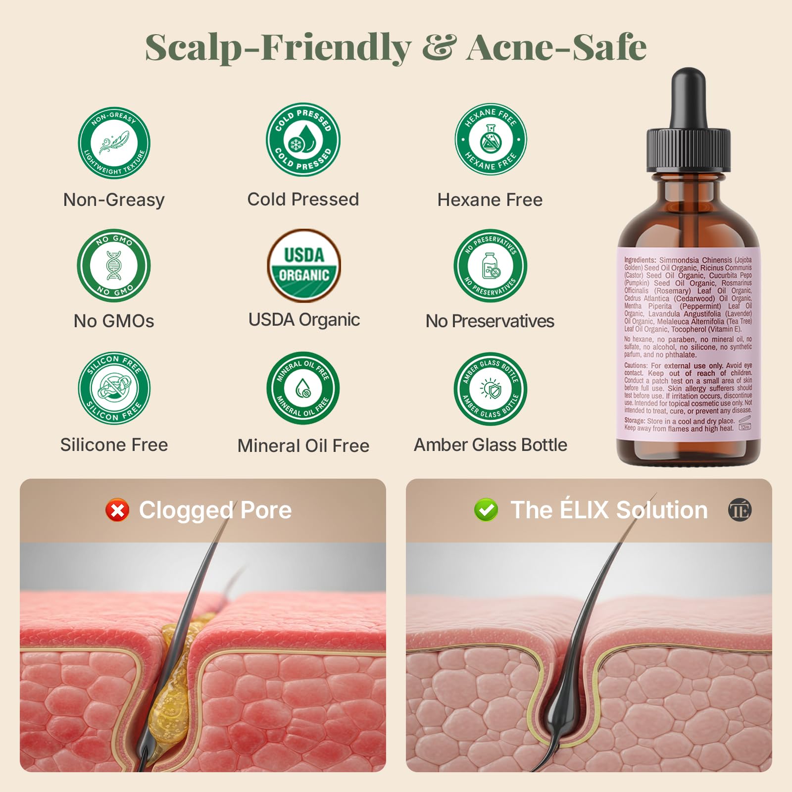 Amber glass packaging of The ELIX rosemary oil preserves potency and quality.