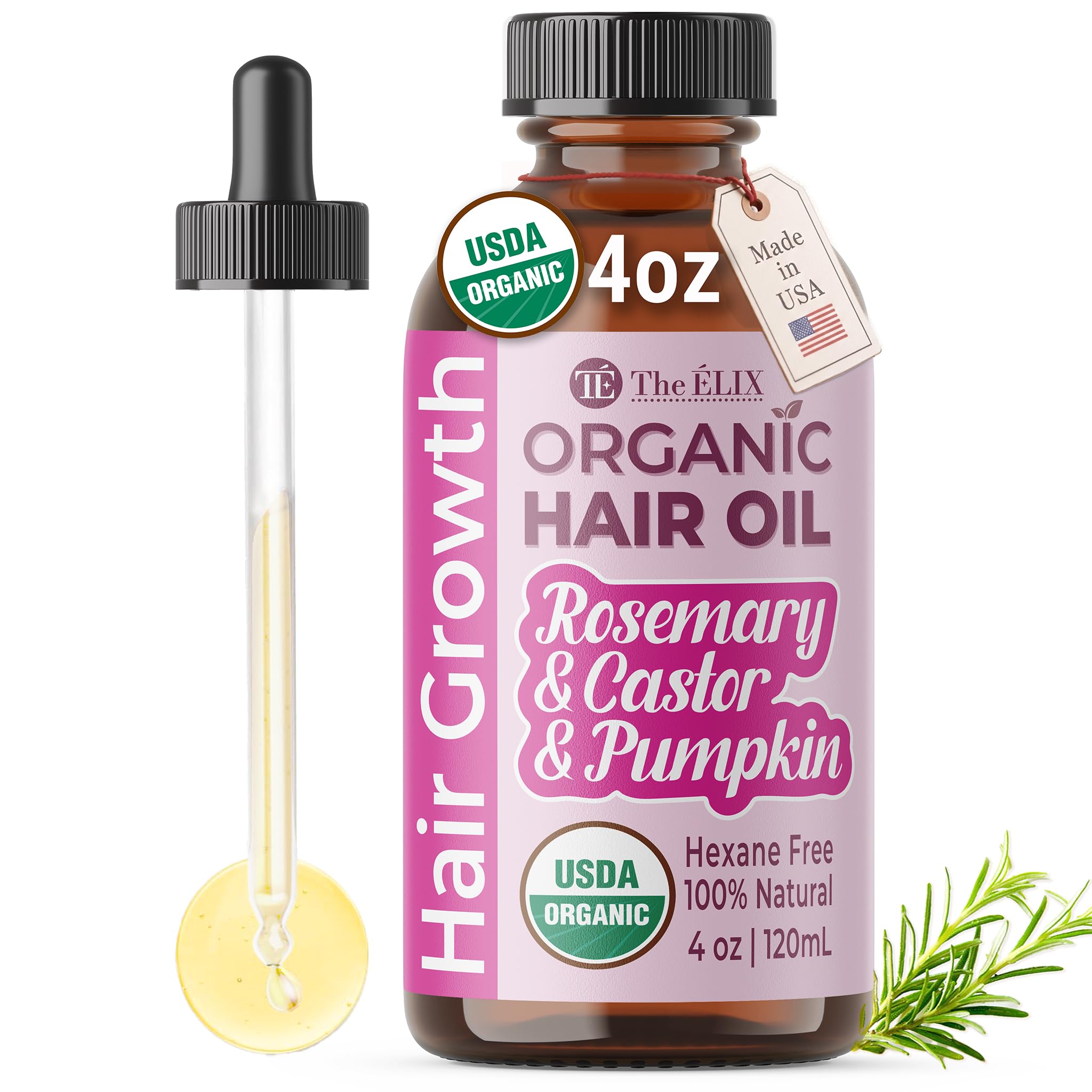 The ELIX rosemary oil bottle in amber glass supports premium scalp nourishment.