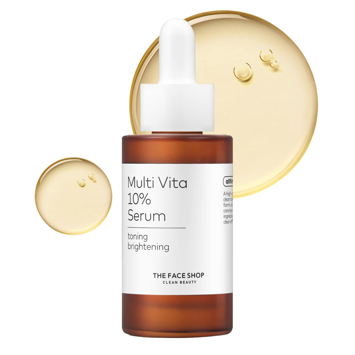 The Face Shop Alltimate Multivita 10% Serum bottle close-up shows premium packaging and brightening potential