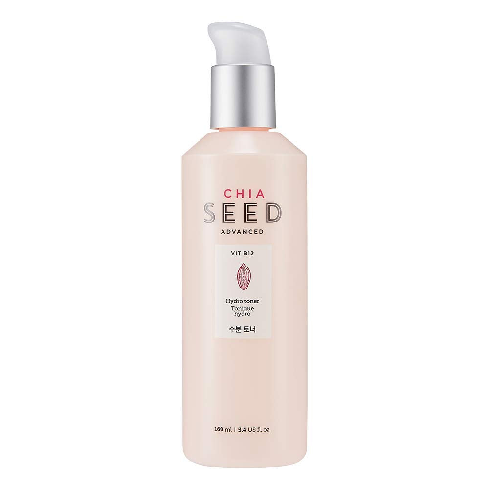 The Face Shop Chia Seed Hydro Toner bottle shows a hydrating formula for dry skin.