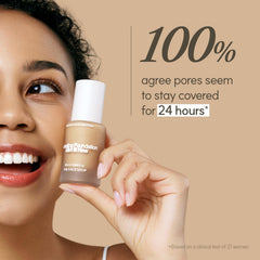 Swatches of The Face Shop Ink Lasting Foundation show shade range and skin-like glow.