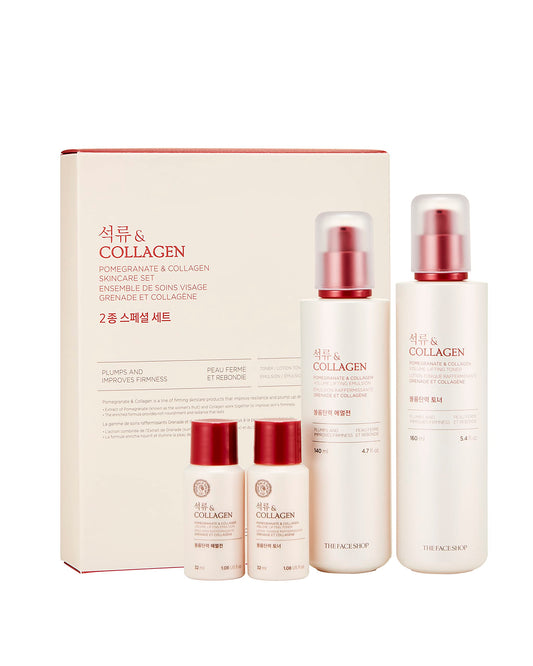 The Face Shop Pomegranate and Collagen set bottle close-up showing firming and plumping potential.