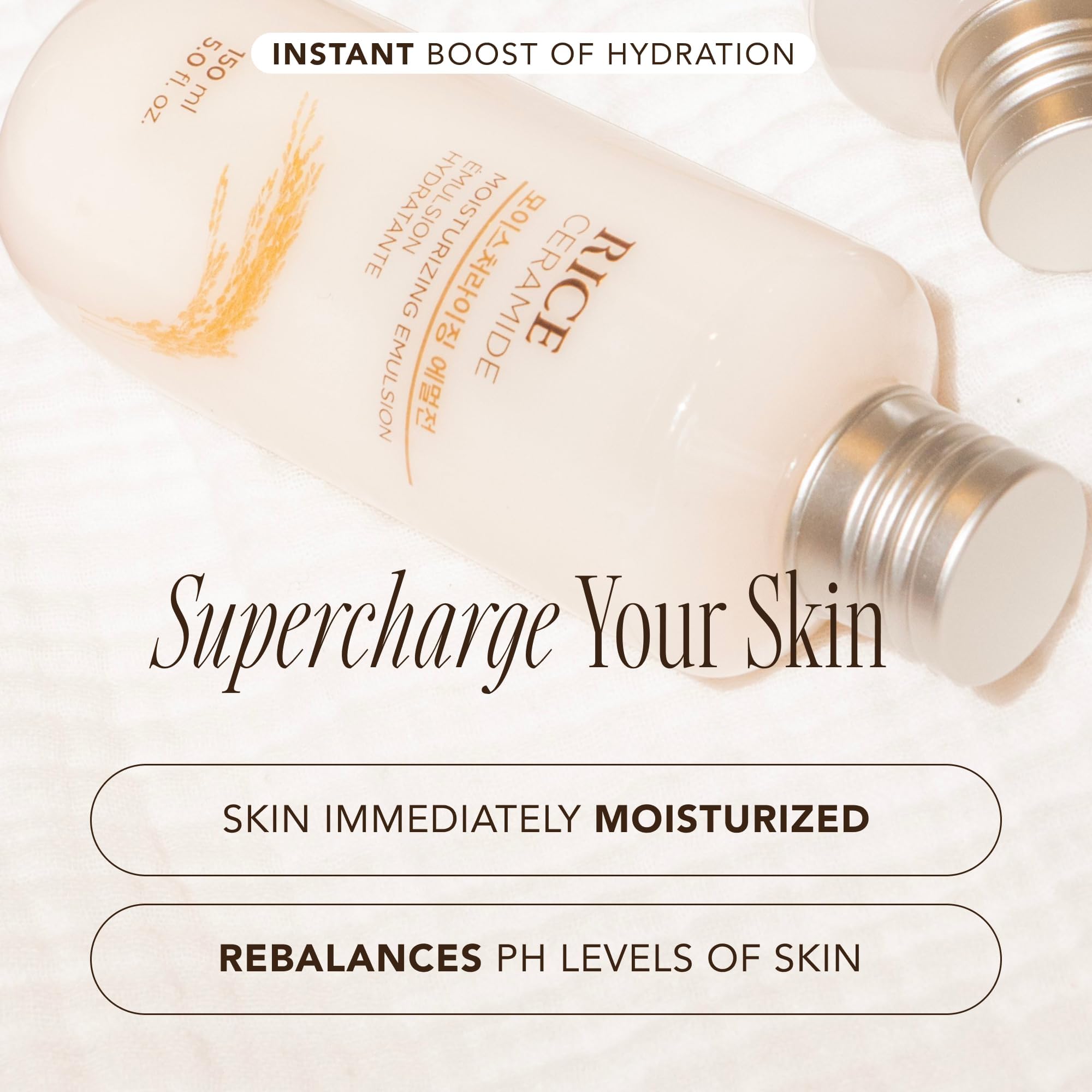 The Face Shop Rice Ceramide Emulsion ingredients close-up featuring rice extract and ceramides.