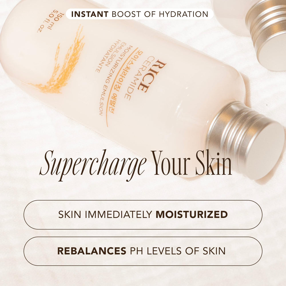 The Face Shop Rice Ceramide Emulsion ingredients close-up featuring rice extract and ceramides.