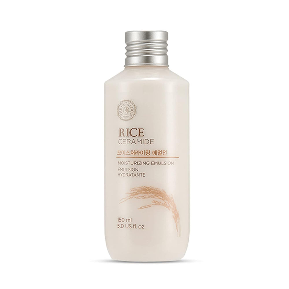 The Face Shop Rice Ceramide Emulsion bottle close-up, highlighting on-the-go hydration.
