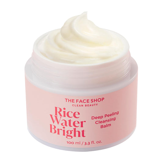 The Face Shop Rice Water Bright cleansing balm in a jar showing sorbet texture for gentle makeup removal.