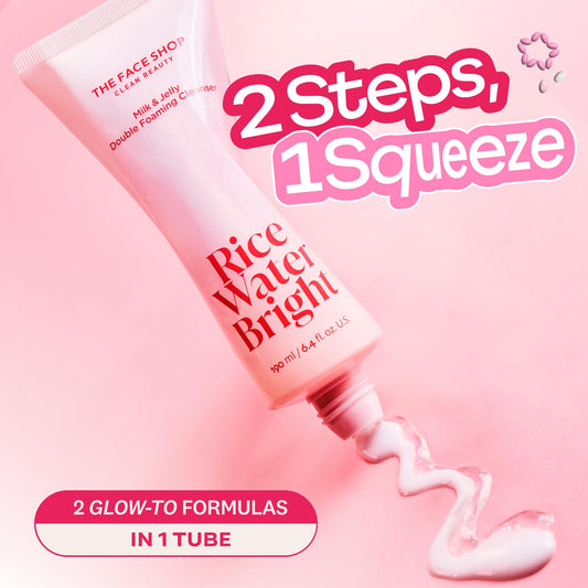 The Face Shop Rice Water Bright Milk & Jelly Double Cleanser tube back view showing two formulas in one tube.