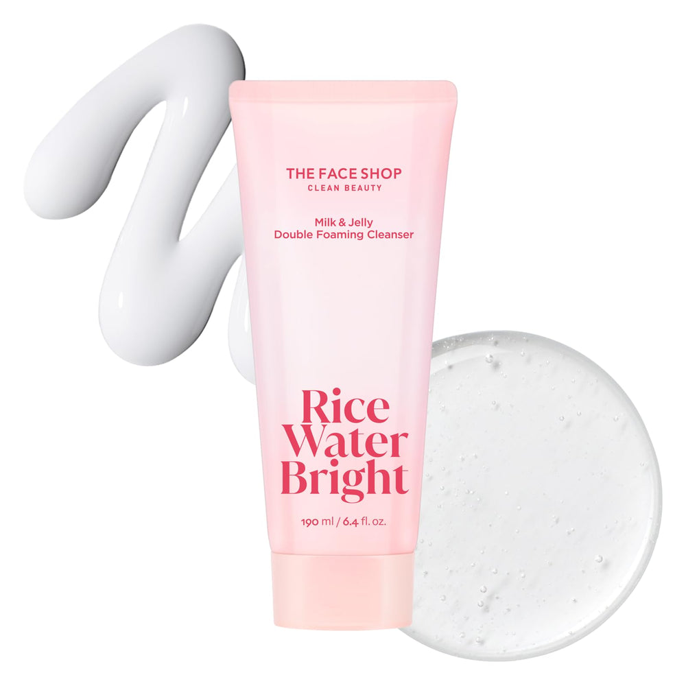 The Face Shop Rice Water Bright Milk & Jelly Double Cleanser tube front for quick dual-cleanse makeup removal.