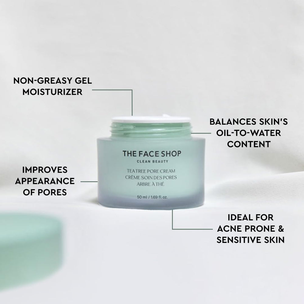 The Face Shop Tea Tree Pore Cream in a morning routine setup.