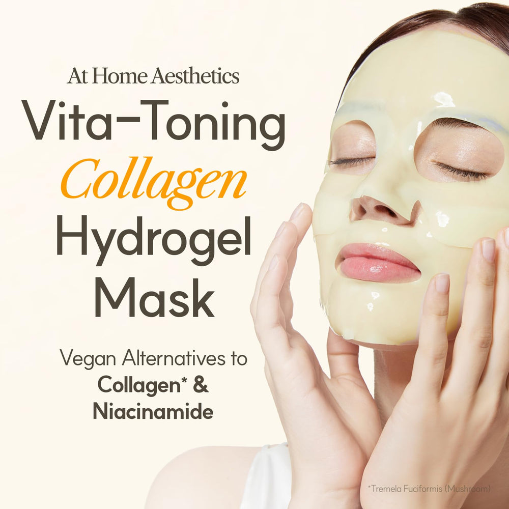 The Face Shop Vita-Toning vegan mask absorbing essences, revealing translucent hydrogel during use.