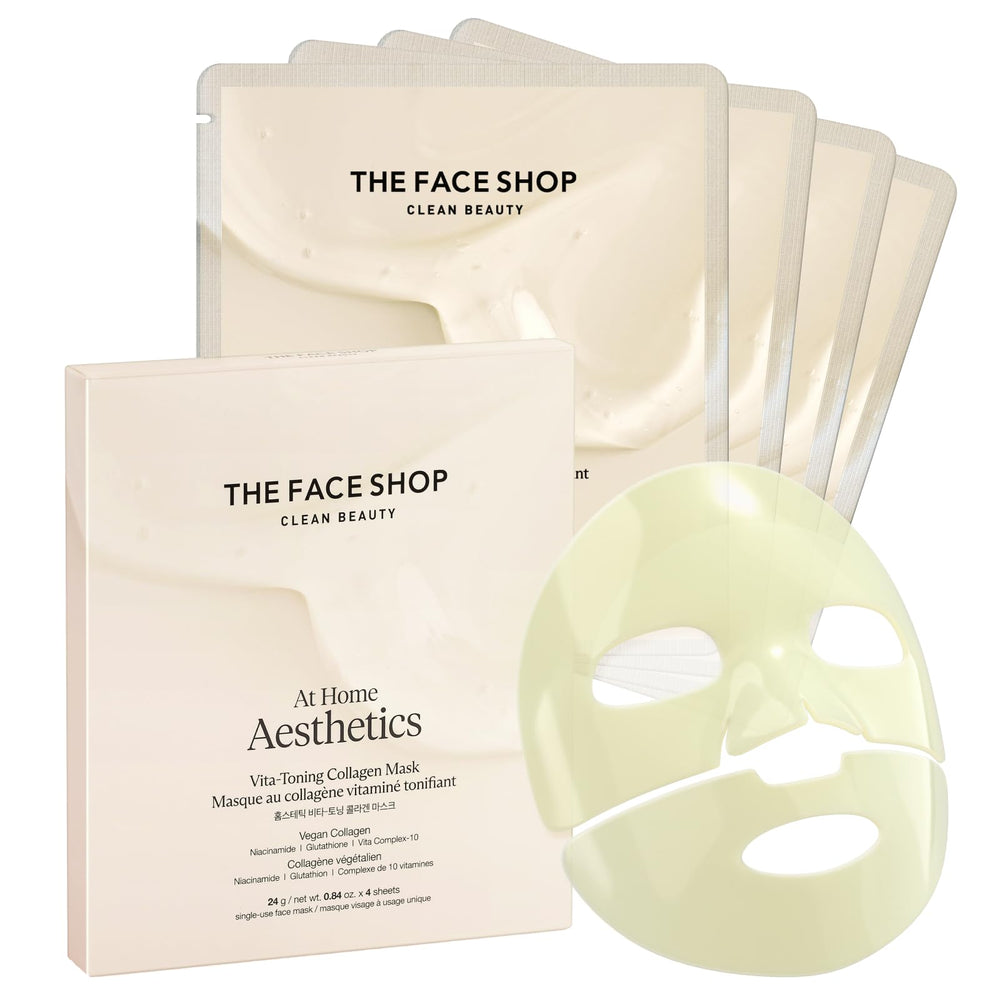 The Face Shop Vita-Toning vegan collagen mask hydrogel sheet ready for application, boosting hydration.