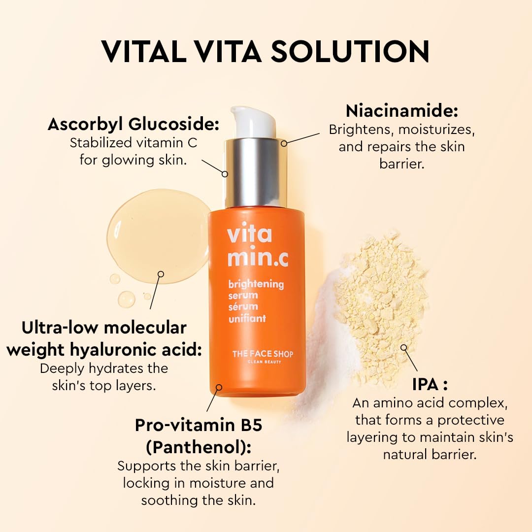 The Face Shop Vitamin C Serum packaging box with clean beauty credentials.