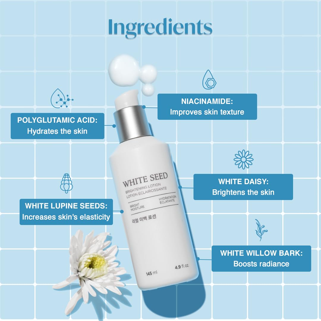 The Face Shop White Seed Brightening Lotion applied to forearm for hydration.