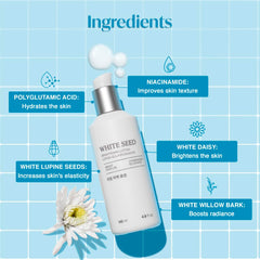 The Face Shop White Seed Brightening Lotion applied to forearm for hydration.