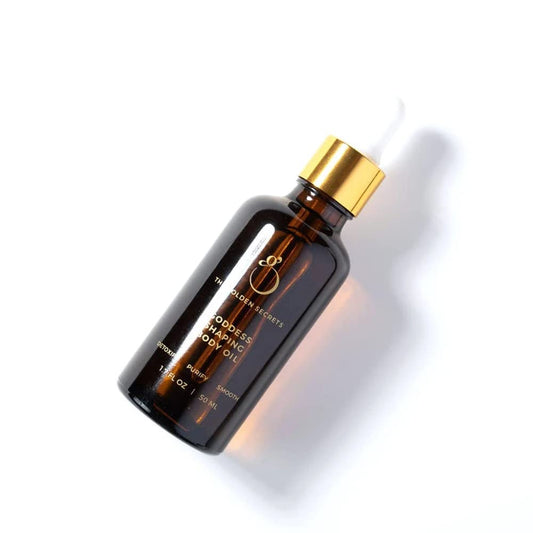 The Golden Secrets Goddess Shaping Oil bottle for full-body nourishment and glow