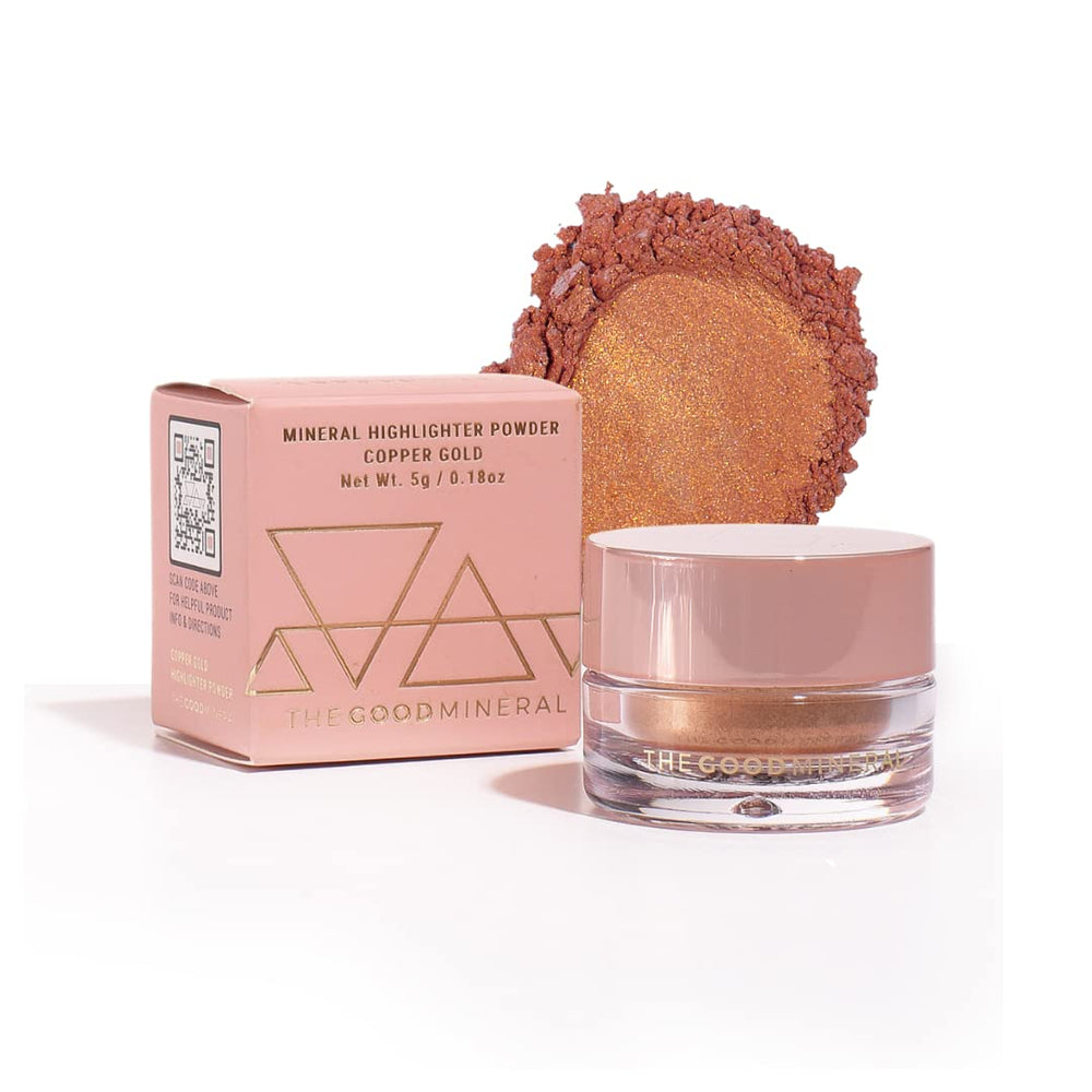 The Good Mineral Copper Gold highlighter in compact for a sun-kissed glow.