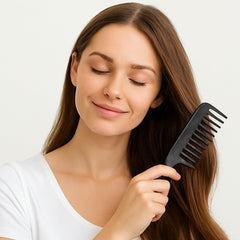 The Good Store hair-care routine with oil and comb in use.