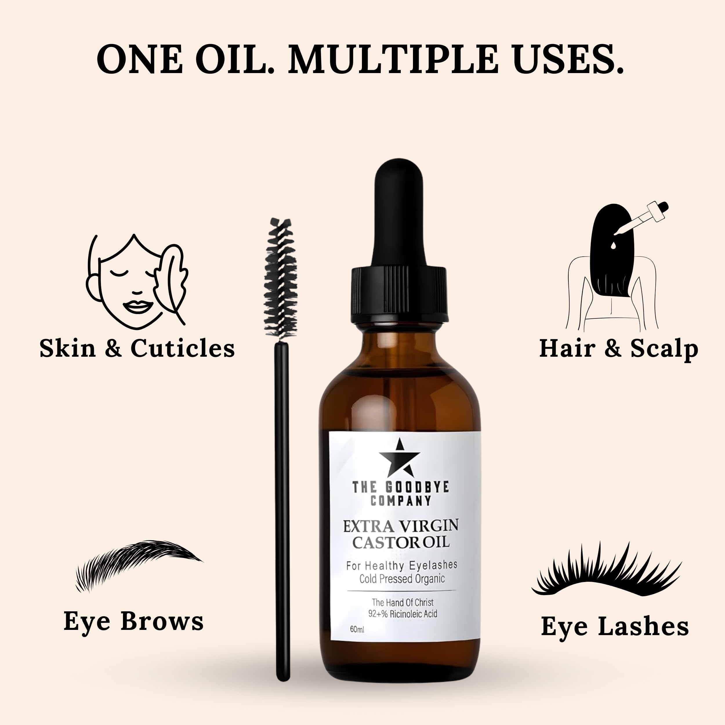 The Goodbye Company castor oil for eyebrows bottle supports brow grooming routine.