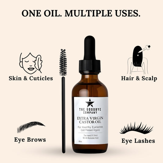 The Goodbye Company castor oil for eyebrows bottle supports brow grooming routine.