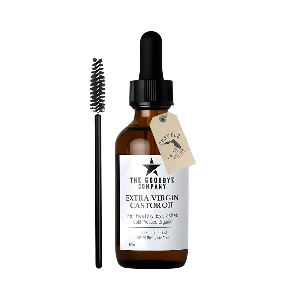 The Goodbye Company castor oil for eyelashes bottle for daily lash care.