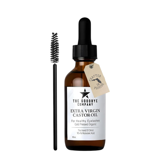 The Goodbye Company castor oil for eyelashes bottle for daily lash care.