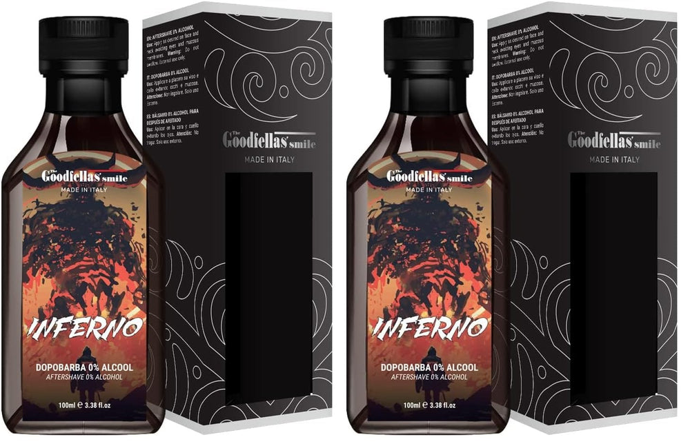 The Goodfellas' Smile Inferno bottle shows soothing, alcohol-free aftershave for daily freshness.