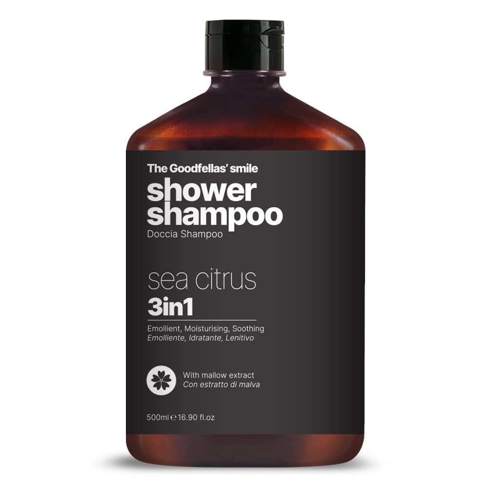 The Goodfellas' Smile Sea Citrus Shower Shampoo bottle highlighting sea breeze fragrance for hair and skin cleansing.