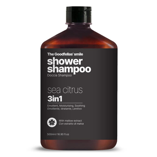 The Goodfellas' Smile Sea Citrus Shower Shampoo bottle highlighting sea breeze fragrance for hair and skin cleansing.