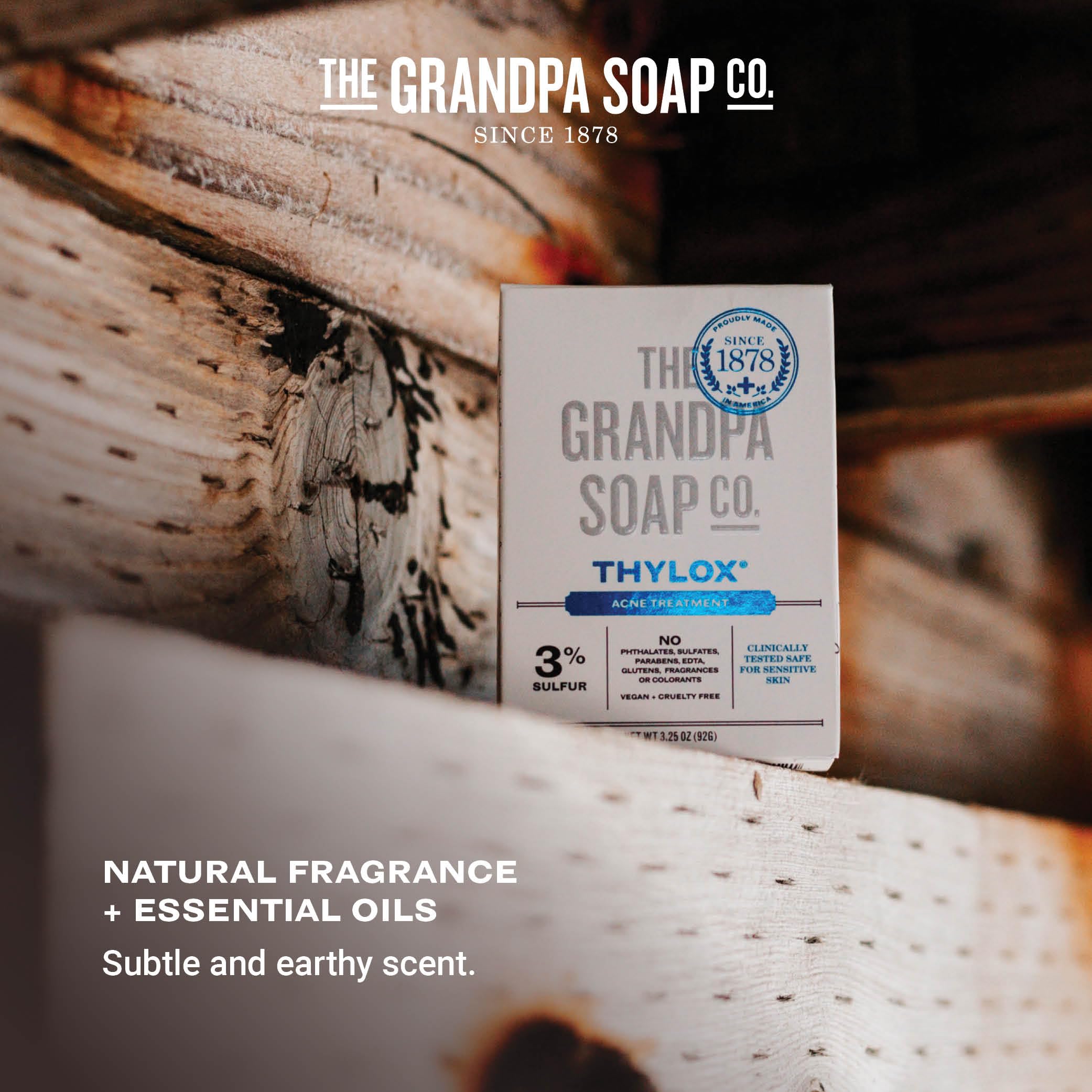 The Grandpa Soap Co Thylox sulfur ingredient label highlights natural clarity.