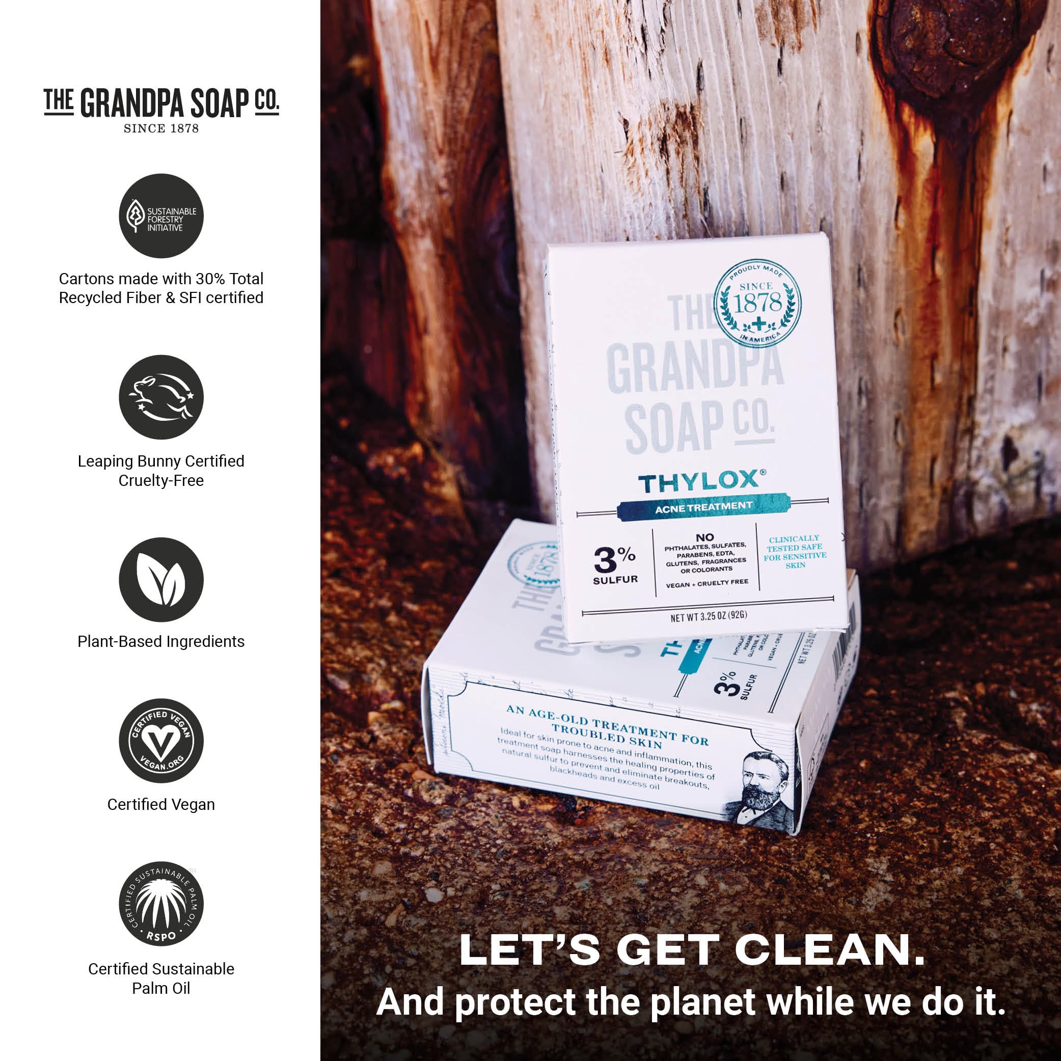 The Grandpa Soap Co Thylox vegan cruelty-free stamp signals ethical skincare.
