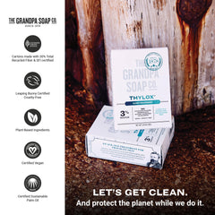 The Grandpa Soap Co Thylox vegan cruelty-free stamp signals ethical skincare.
