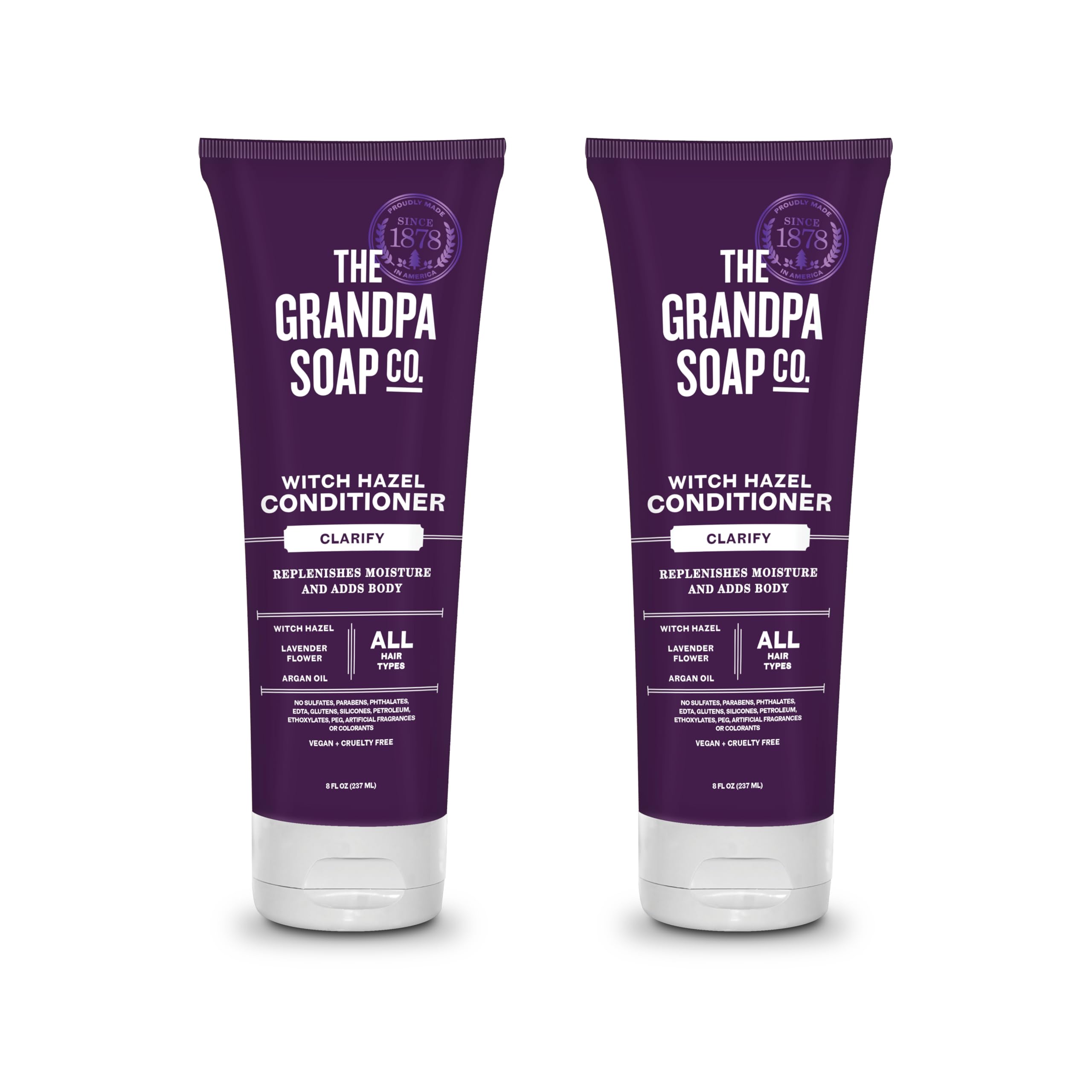 The Grandpa Soap Company clarifying witch hazel conditioner lavender bottle, highlighting aroma and buildup protection