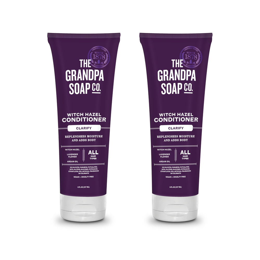 The Grandpa Soap Company clarifying witch hazel conditioner lavender bottle, highlighting aroma and buildup protection