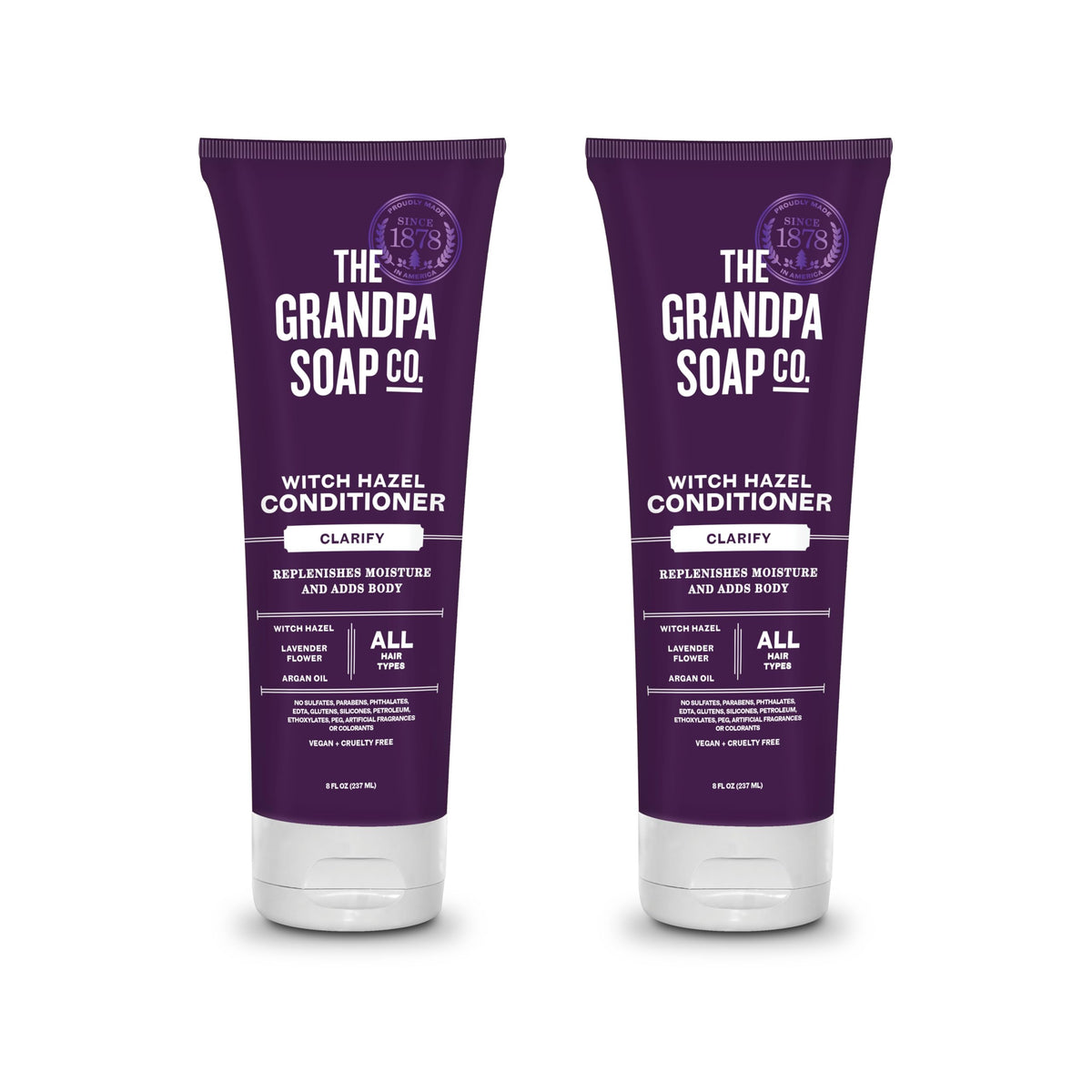 The Grandpa Soap Company clarifying witch hazel conditioner lavender bottle, highlighting aroma and buildup protection
