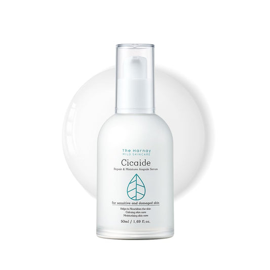 The Harnay Cicaide Ampoule bottle shows calming hydration for sensitive skin