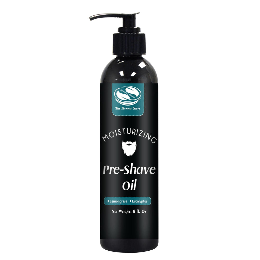 The Henna Guys pre-shave oil bottle with lemongrass and eucalyptus for a smoother shave