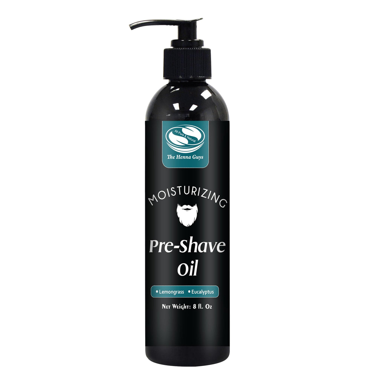 The Henna Guys pre-shave oil bottle with lemongrass and eucalyptus for a smoother shave