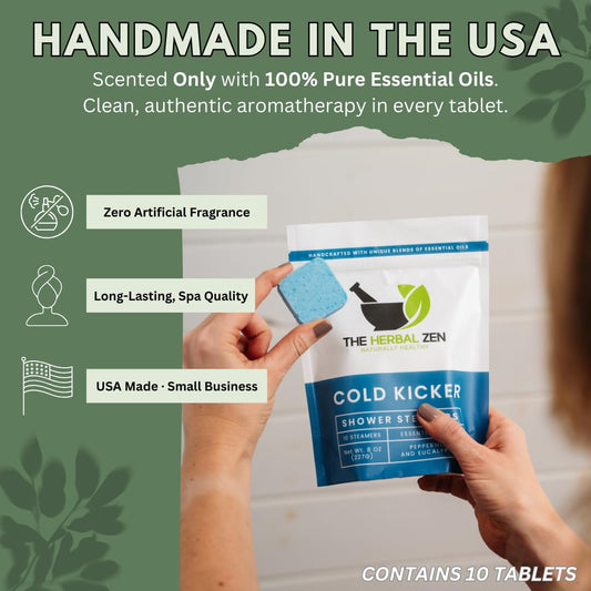 The Herbal Zen Cold Kicker steamers tablet closeup highlights peppermint and eucalyptus.