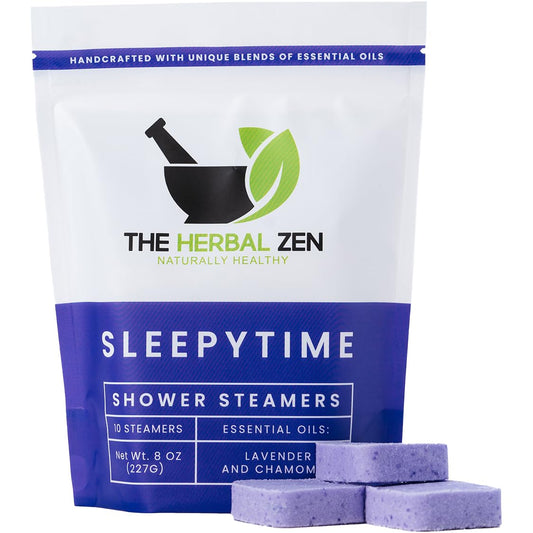 The Herbal Zen Lavender Shower Steamer packaging close-up highlights careful craftsmanship and USA-made quality.