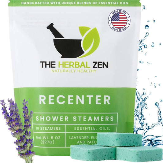 The Herbal Zen Recenter shower steamer packaging, ideal gift presentation
